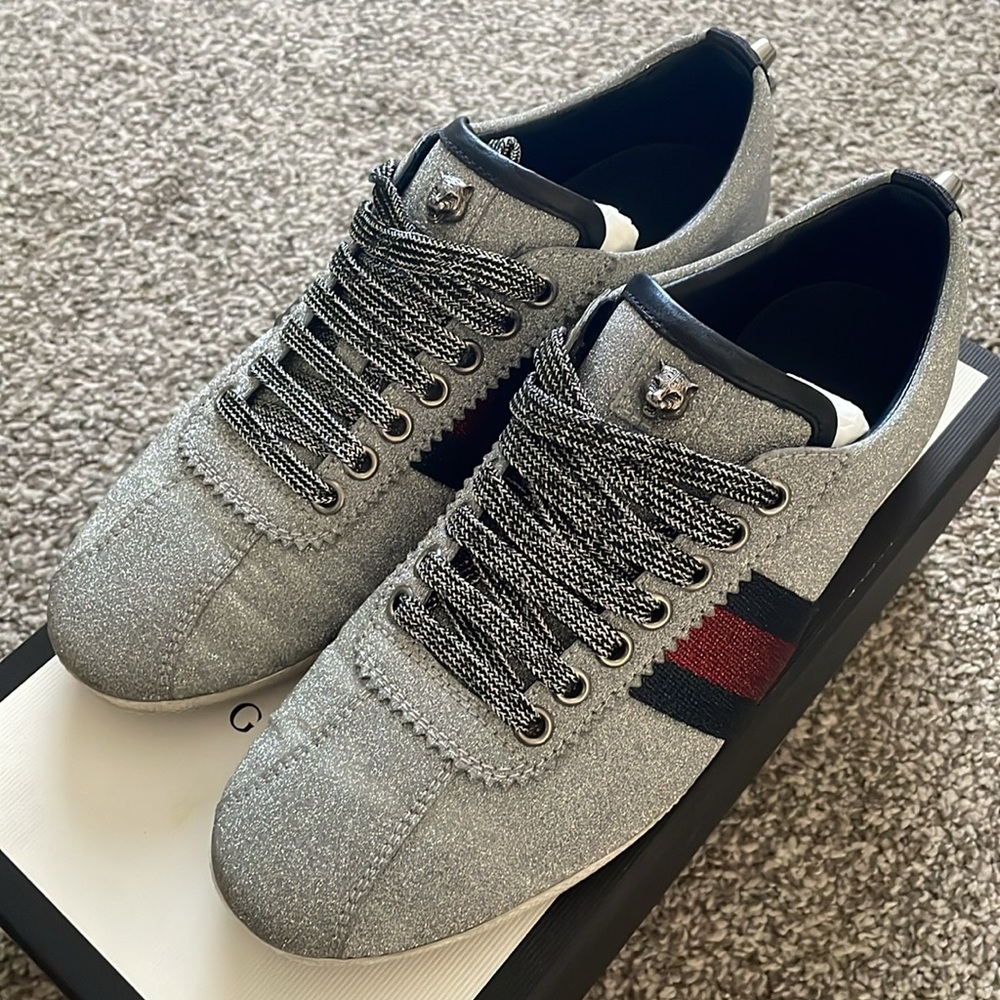 GUCCI Silver Bambi Web Low-Top Stud Sneakers sz 37